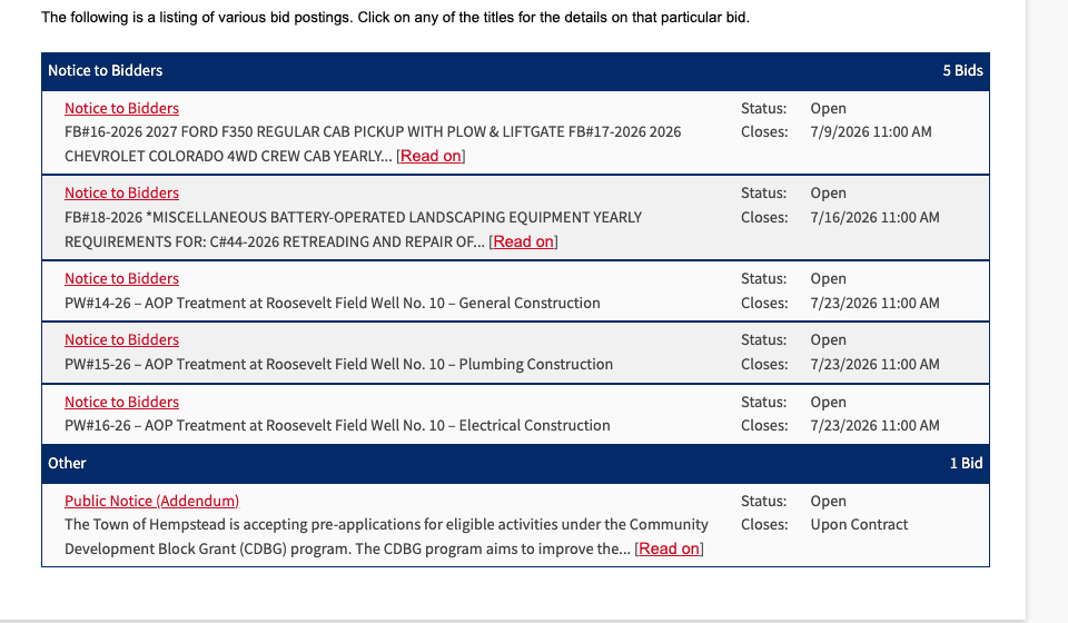 A government bid postings table