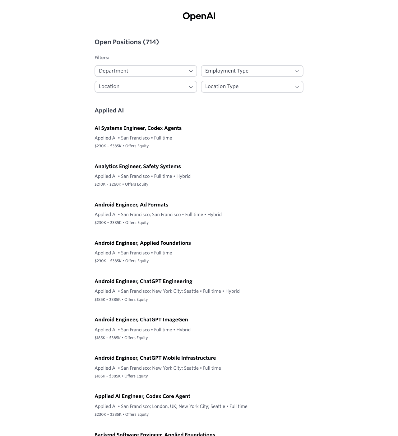 A dense public careers board